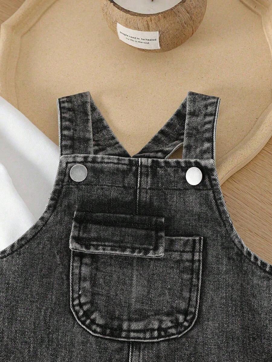 Baby Boy Solid Tee and Roll Up Hem Denim Overall Jumpsuit Casual Spring Summer Outfit Set