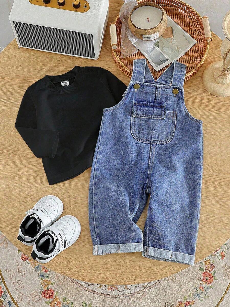 Baby Boy Solid Tee and Roll Up Hem Denim Overall Jumpsuit Casual Spring Summer Outfit Set