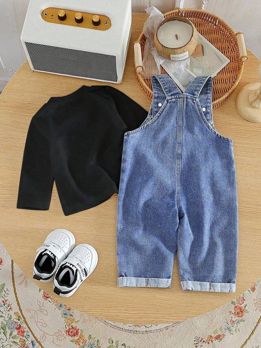 Baby Boy Solid Tee and Roll Up Hem Denim Overall Jumpsuit Casual Spring Summer Outfit Set