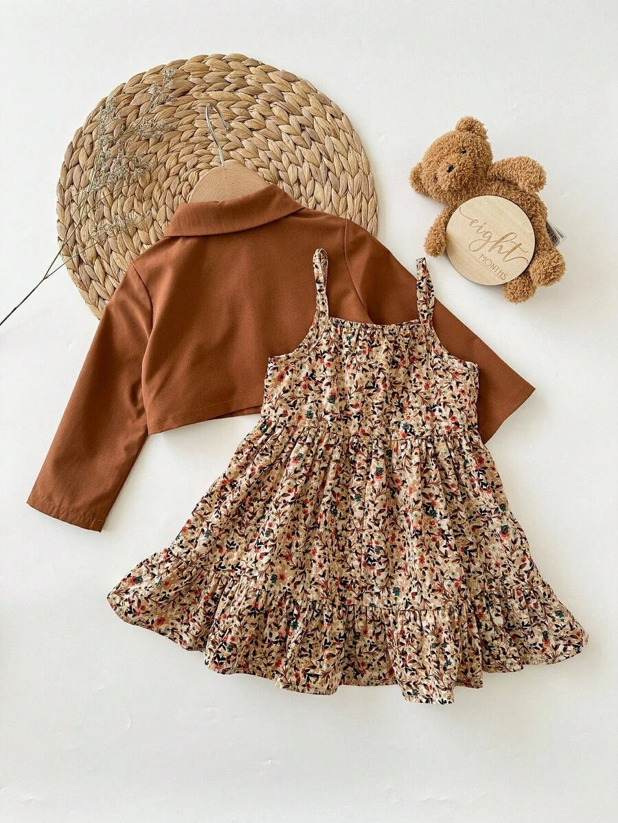 Fall Winter Ditsy Floral Dress and Brown Jacket Set for Toddler Girls