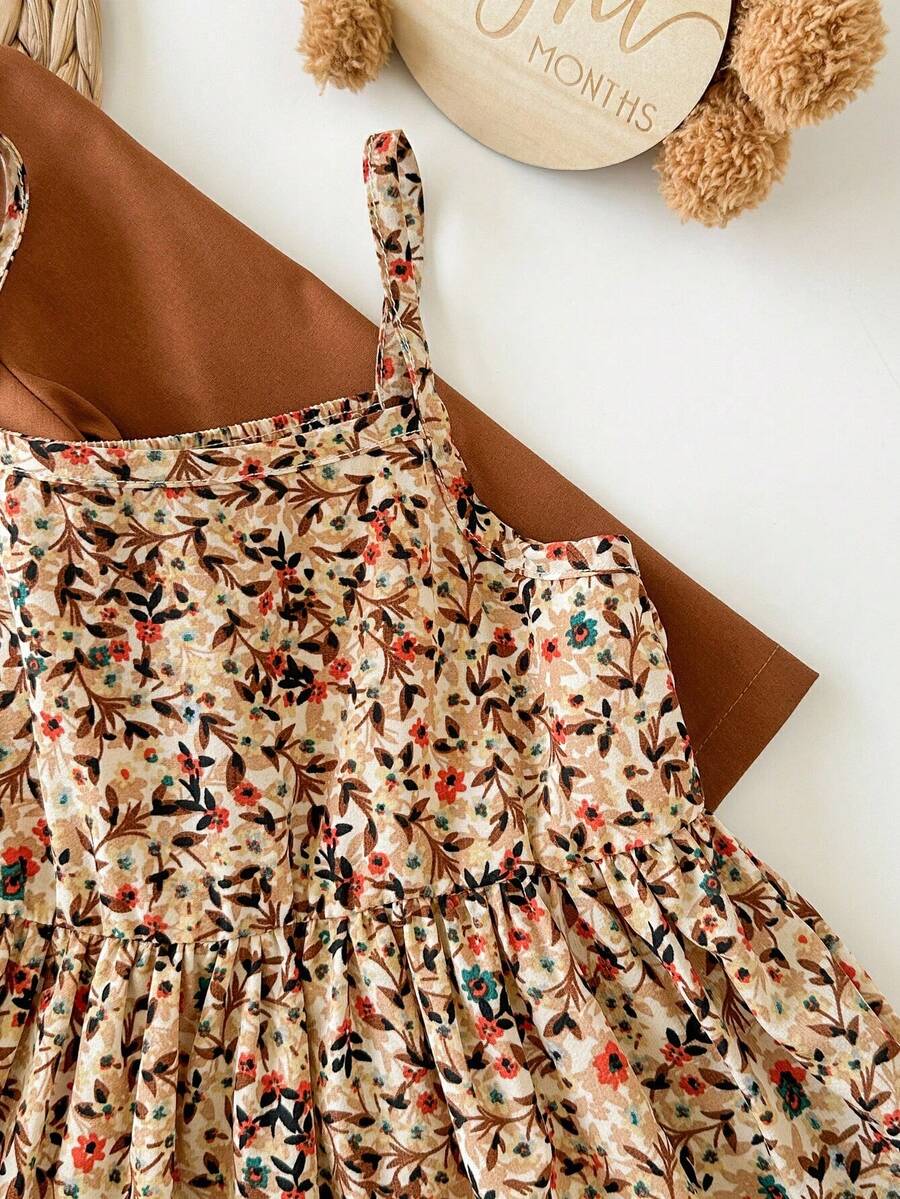Fall Winter Ditsy Floral Dress and Brown Jacket Set for Toddler Girls