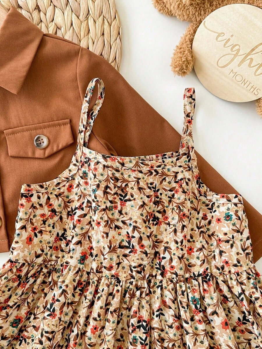 Fall Winter Ditsy Floral Dress and Brown Jacket Set for Toddler Girls