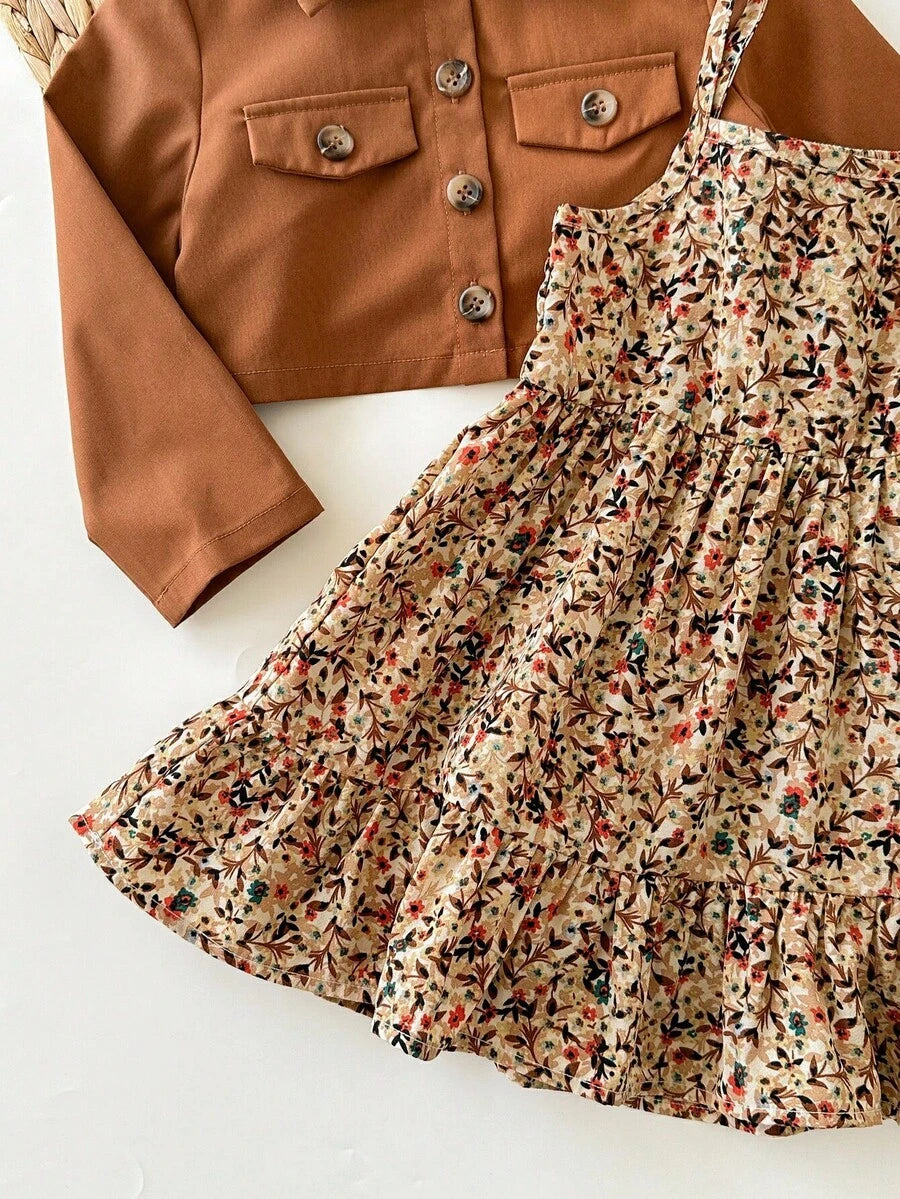 Fall Winter Ditsy Floral Dress and Brown Jacket Set for Toddler Girls