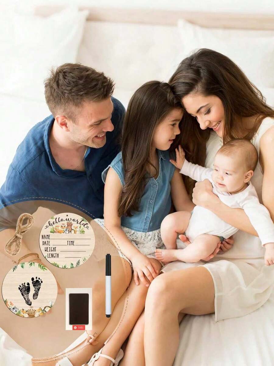 3pcs Baby Birth Announcement Wooden Name Sign Set Newborn Milestone Plaque Hospital Photo Prop Handprint Footprint Keepsake