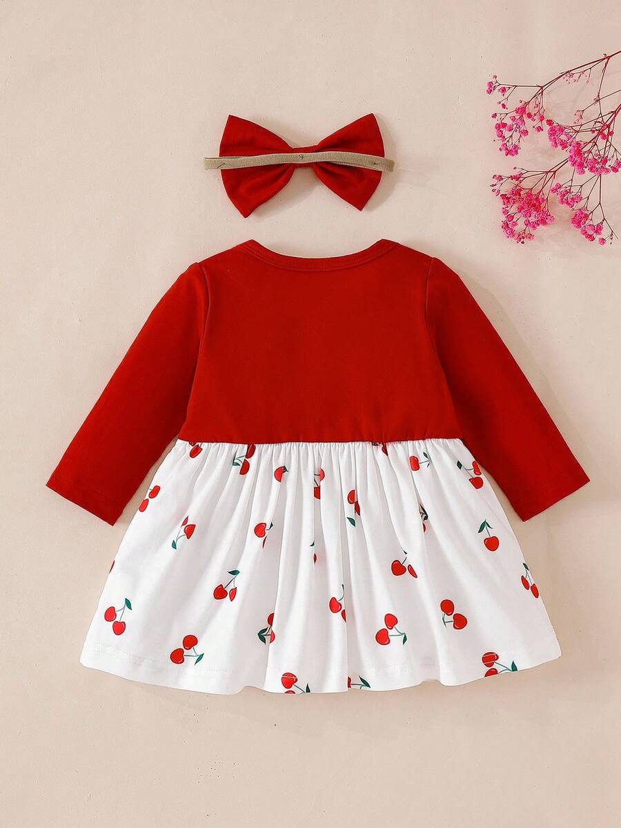 Baby Floral Bow Dress and Headband Set for Sweet Autumn and Winter Daily Wear