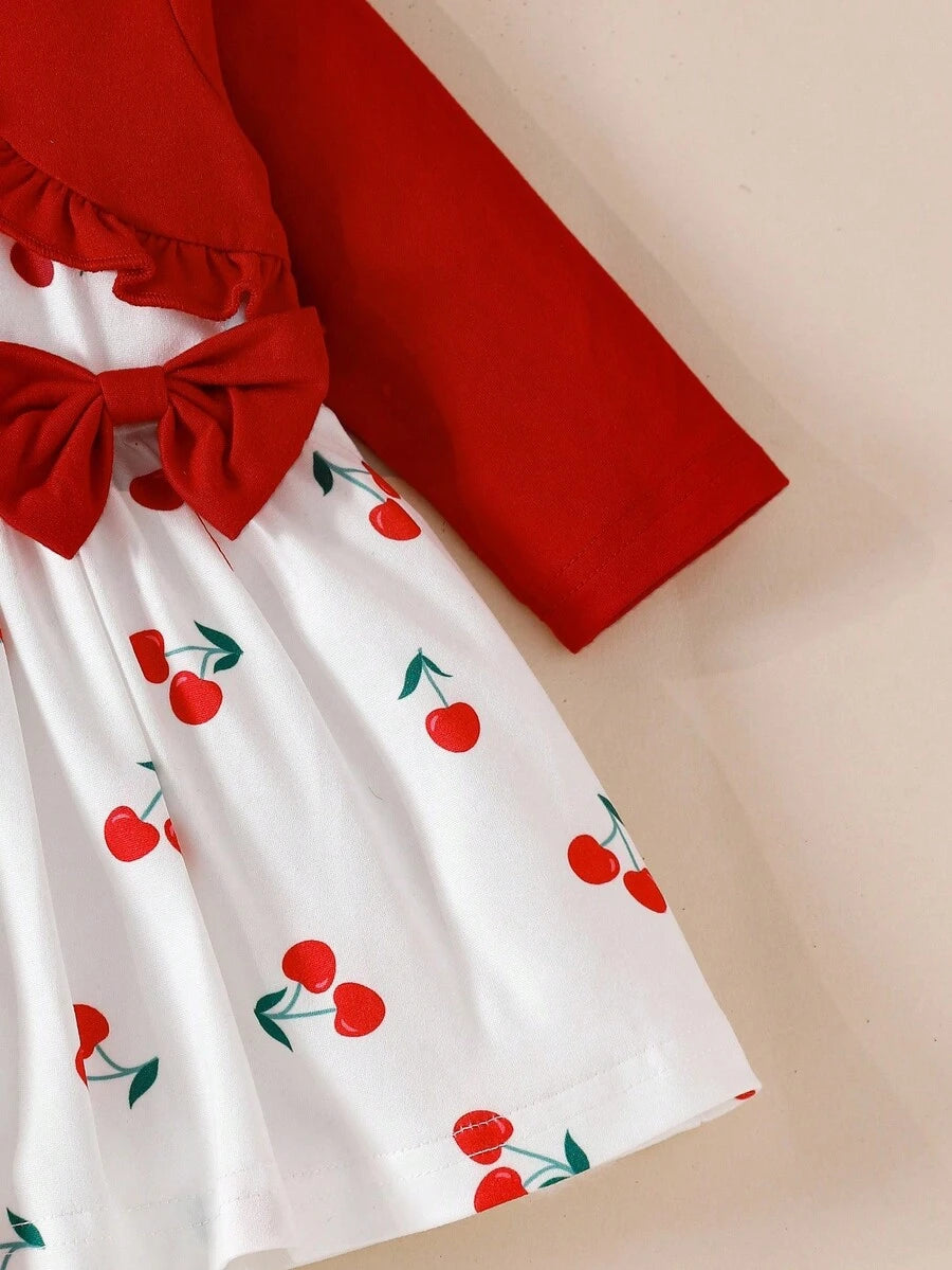 Baby Floral Bow Dress and Headband Set for Sweet Autumn and Winter Daily Wear