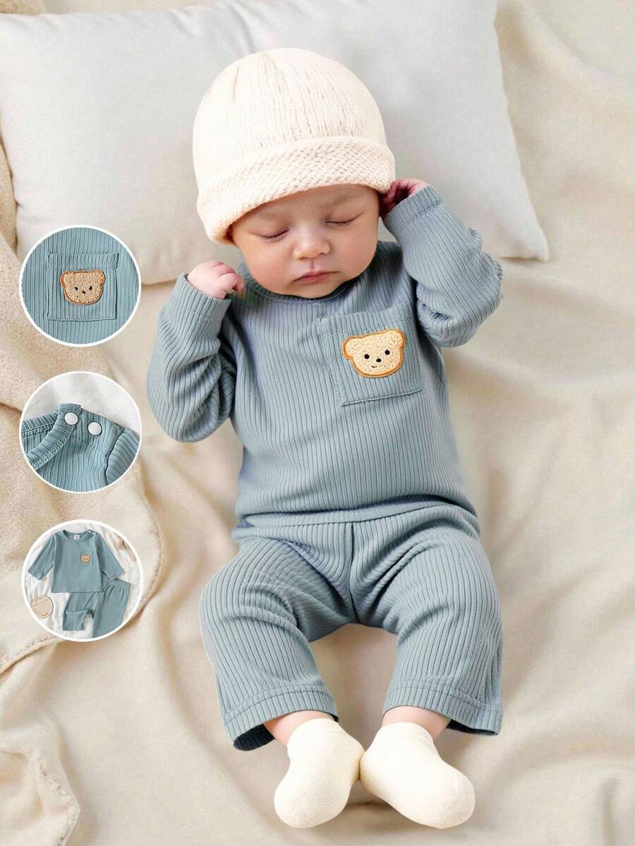 Bear Pattern Textured Pocket Top for Cute Daily Wear