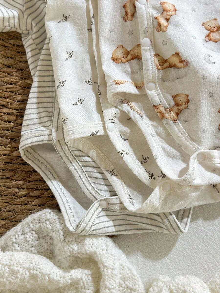 Baby Girl 3pcs Soft Knit Clothes Set - Striped Origami Crane Long Sleeve Bodysuit