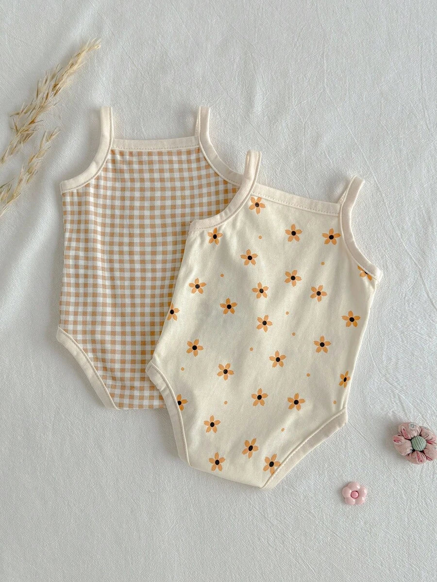 Newborn Baby Girl Floral Botanical Camisole Bodysuit - Rib-Knit 2 Piece Coordinating Set