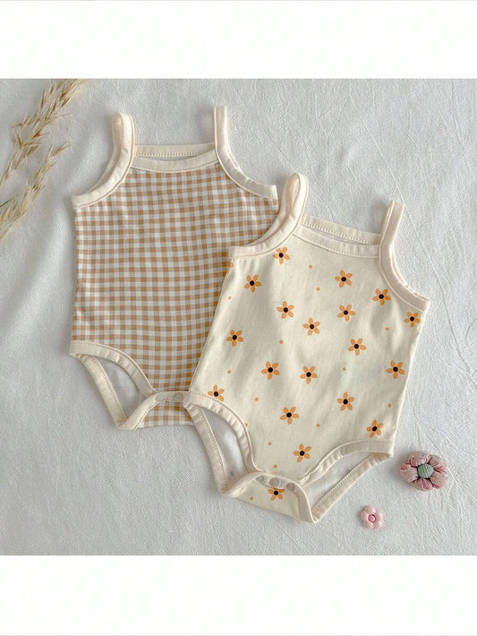 Newborn Baby Girl Floral Botanical Camisole Bodysuit - Rib-Knit 2 Piece Coordinating Set