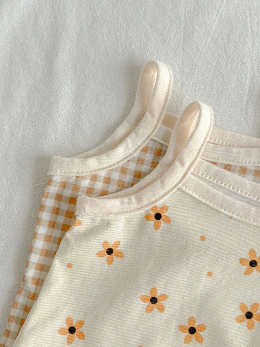 Newborn Baby Girl Floral Botanical Camisole Bodysuit - Rib-Knit 2 Piece Coordinating Set