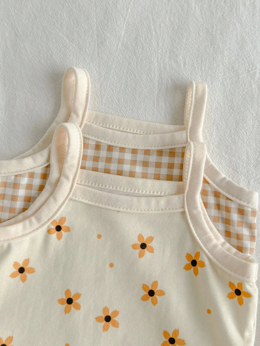 Newborn Baby Girl Floral Botanical Camisole Bodysuit - Rib-Knit 2 Piece Coordinating Set
