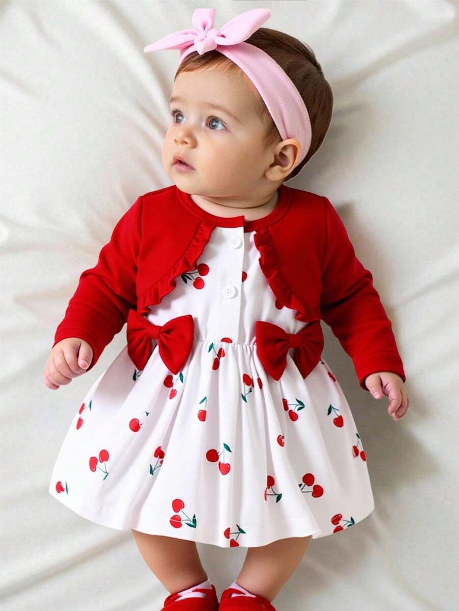 Baby Floral Bow Dress and Headband Set for Sweet Autumn and Winter Daily Wear