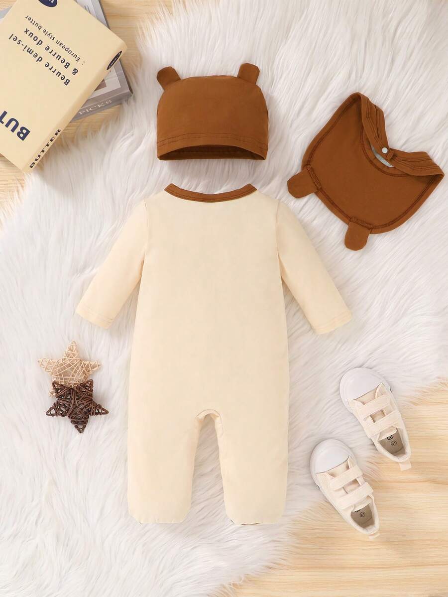 3pcs Cartoon Bear Embroidered Baby Boy Jumpsuit Set with Hat and Bib
