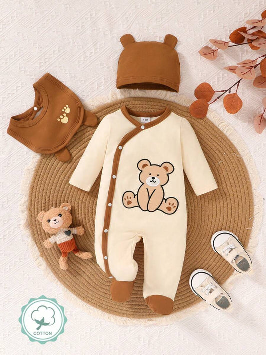 3pcs Cartoon Bear Embroidered Baby Boy Jumpsuit Set with Hat and Bib