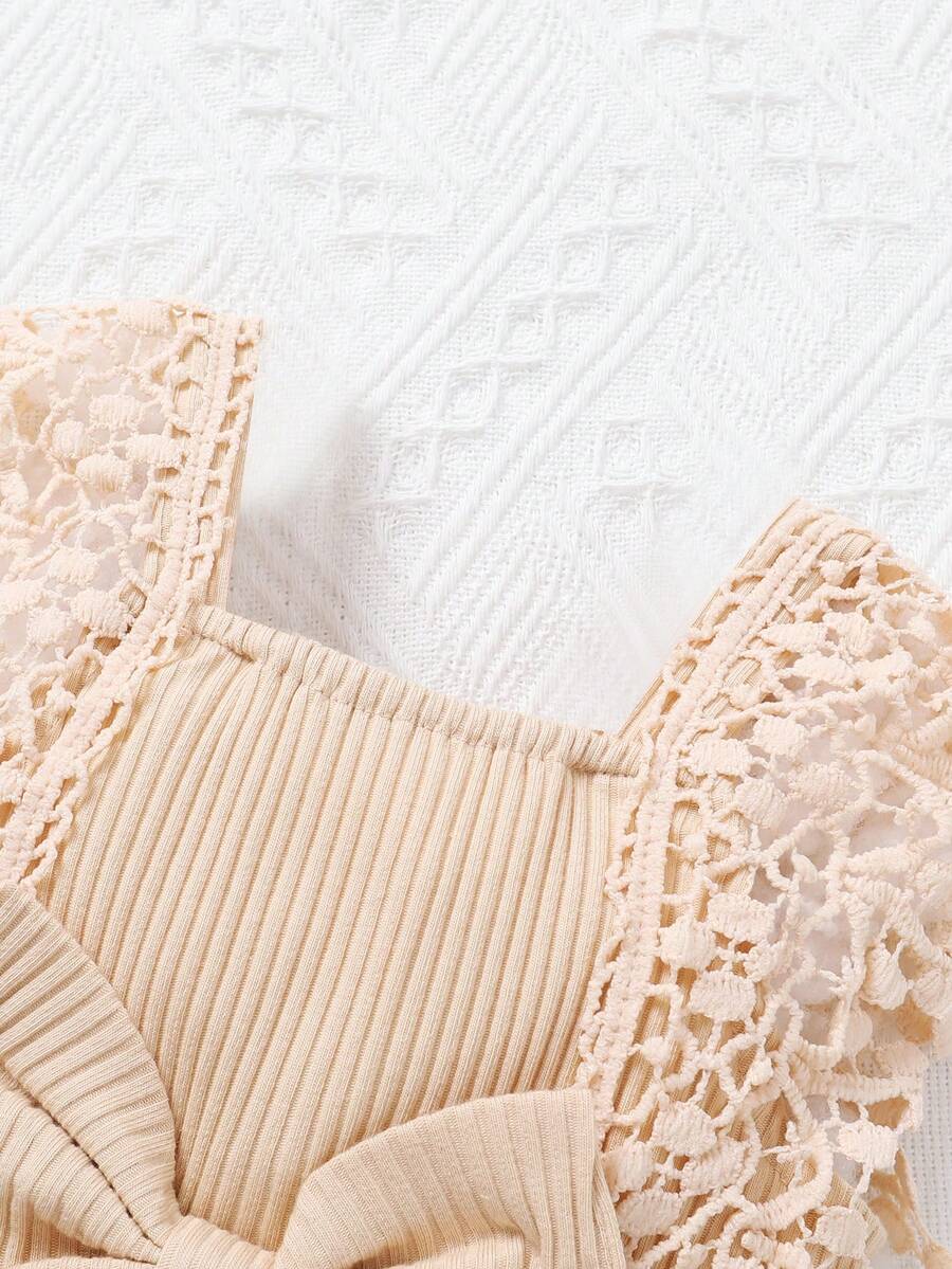 Cute Baby Girl Solid Color Lace Bodysuit And Headband Matching Outfit Set