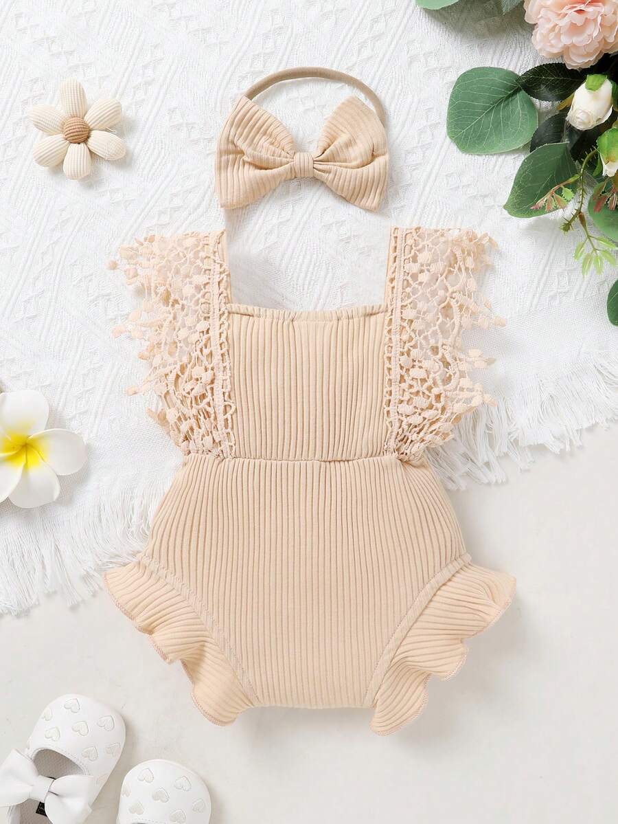 Cute Baby Girl Solid Color Lace Bodysuit And Headband Matching Outfit Set