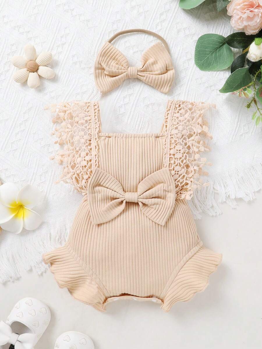 Cute Baby Girl Solid Color Lace Bodysuit And Headband Matching Outfit Set
