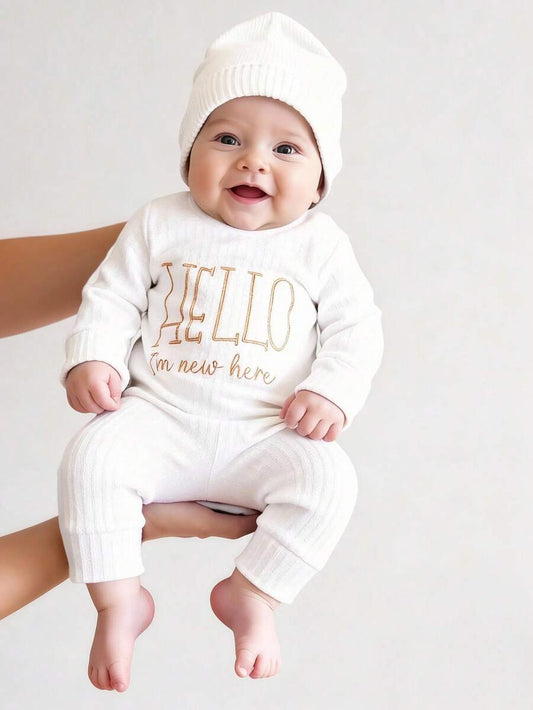 Infant Photo Studio Shooting Props - "HELLO" Embroidered Jumpsuit & Matching Hat