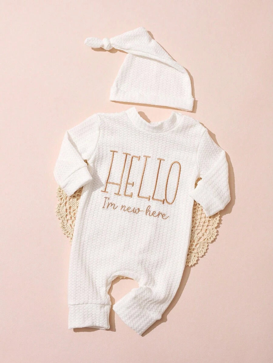 Infant Photo Studio Shooting Props - "HELLO" Embroidered Jumpsuit & Matching Hat