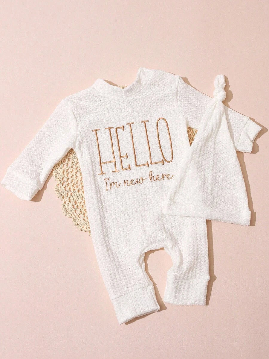 Infant Photo Studio Shooting Props - "HELLO" Embroidered Jumpsuit & Matching Hat