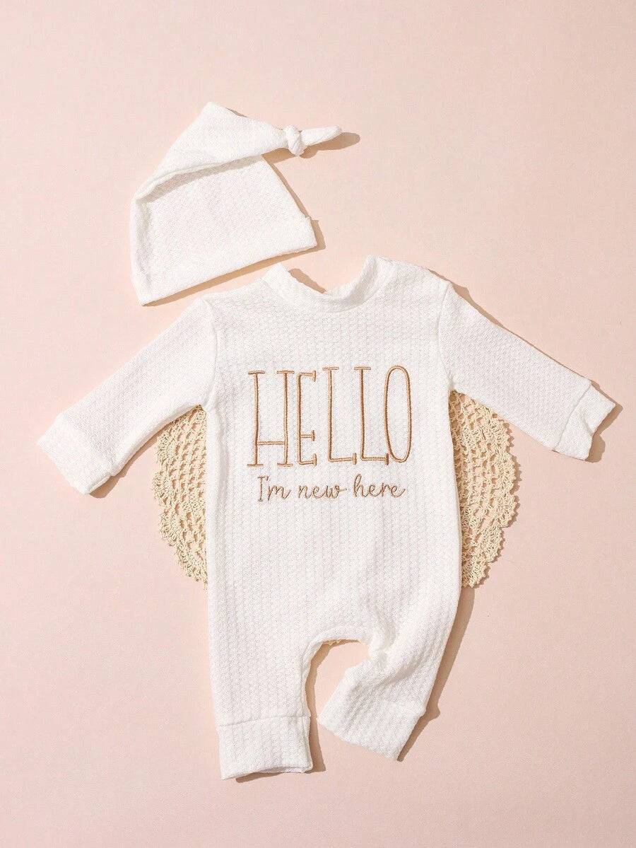 Infant Photo Studio Shooting Props - "HELLO" Embroidered Jumpsuit & Matching Hat