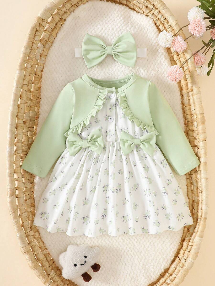 Baby Floral Bow Dress and Headband Set for Sweet Autumn and Winter Daily Wear