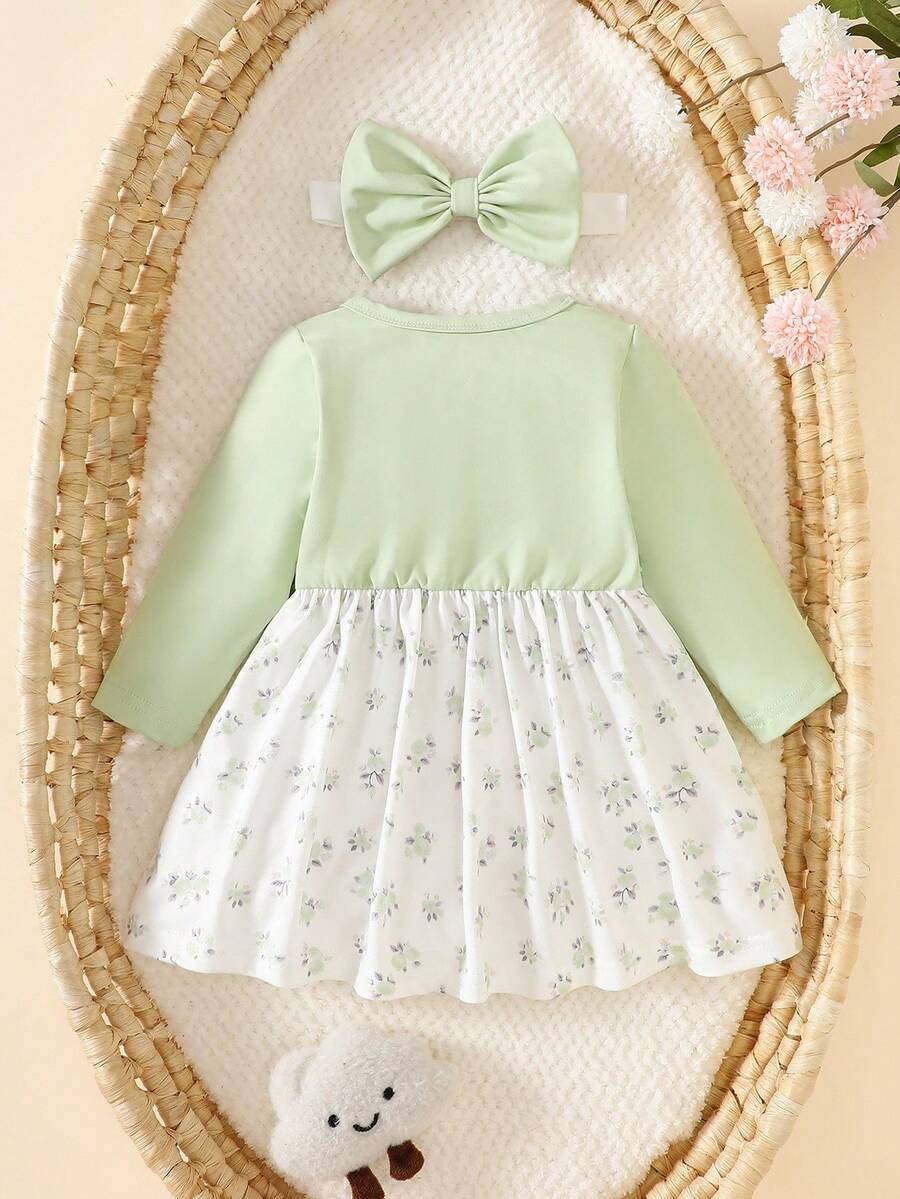 Baby Floral Bow Dress and Headband Set for Sweet Autumn and Winter Daily Wear