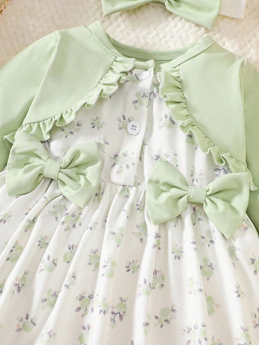 Baby Floral Bow Dress and Headband Set for Sweet Autumn and Winter Daily Wear