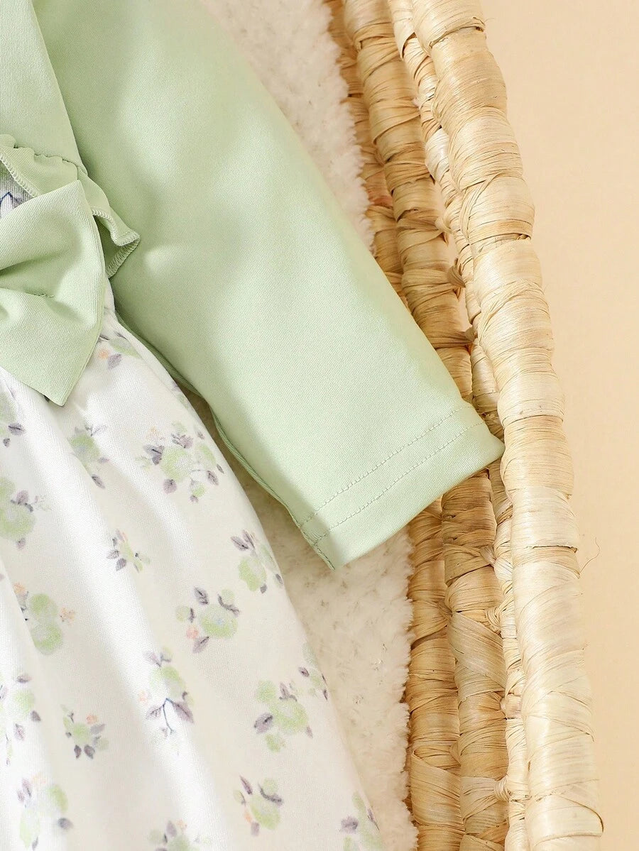 Baby Floral Bow Dress and Headband Set for Sweet Autumn and Winter Daily Wear