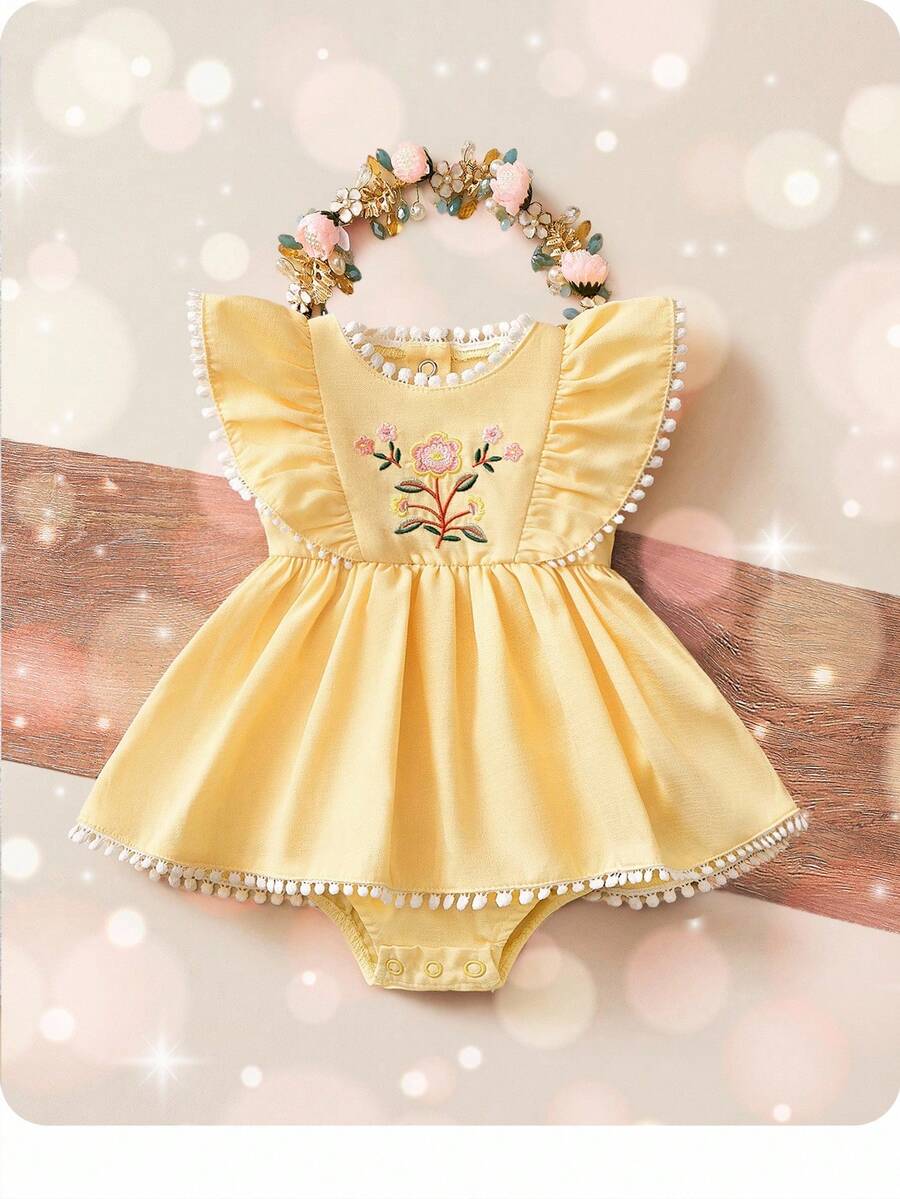 Embroidered Bow Decor Baby Girl Ruffle Sleeve Bodysuit for Everyday Wear