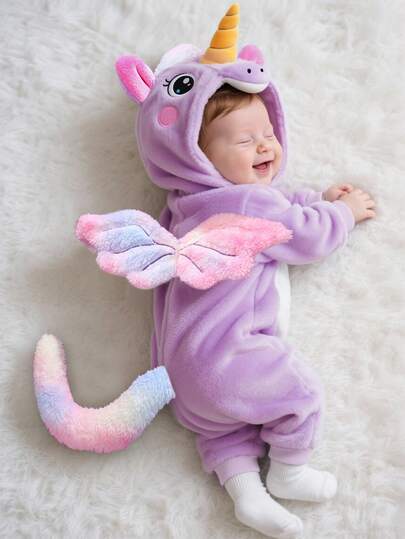 Unicorn Plush Jumpsuit with 3D Hat Wings and Tail for Cute Winter Wear