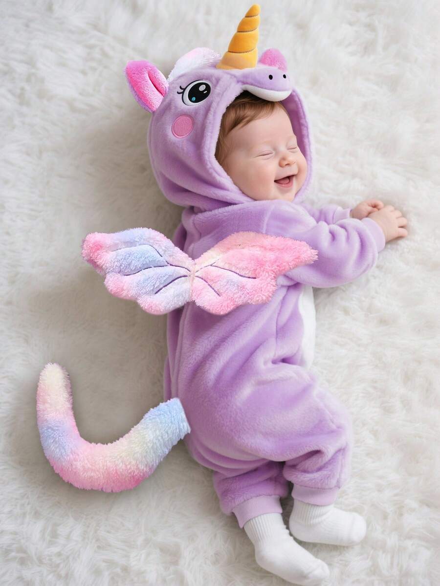 Unicorn Plush Jumpsuit with 3D Hat Wings and Tail for Cute Winter Wear