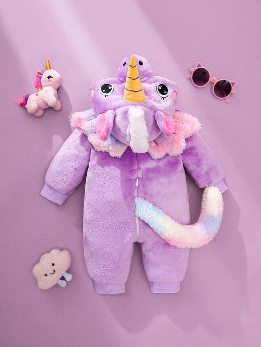 Unicorn Plush Jumpsuit with 3D Hat Wings and Tail for Cute Winter Wear