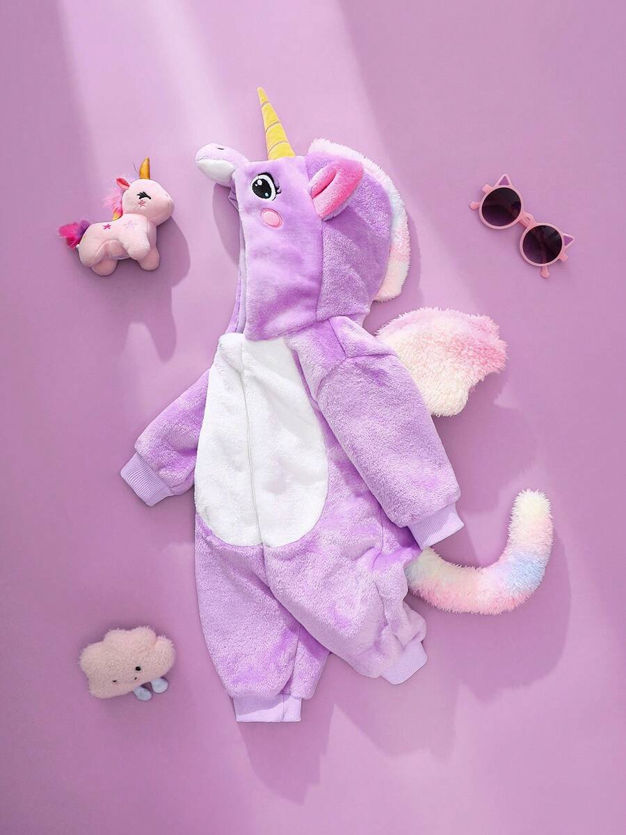 Unicorn Plush Jumpsuit with 3D Hat Wings and Tail for Cute Winter Wear