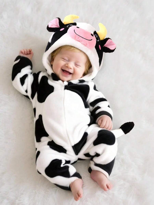 Cow Theme Plush Jumpsuit with 3D Embroidered Hat for Cute Winter Wear
