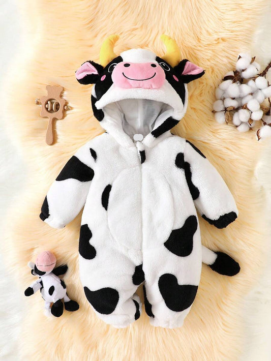 Cow Theme Plush Jumpsuit with 3D Embroidered Hat for Cute Winter Wear