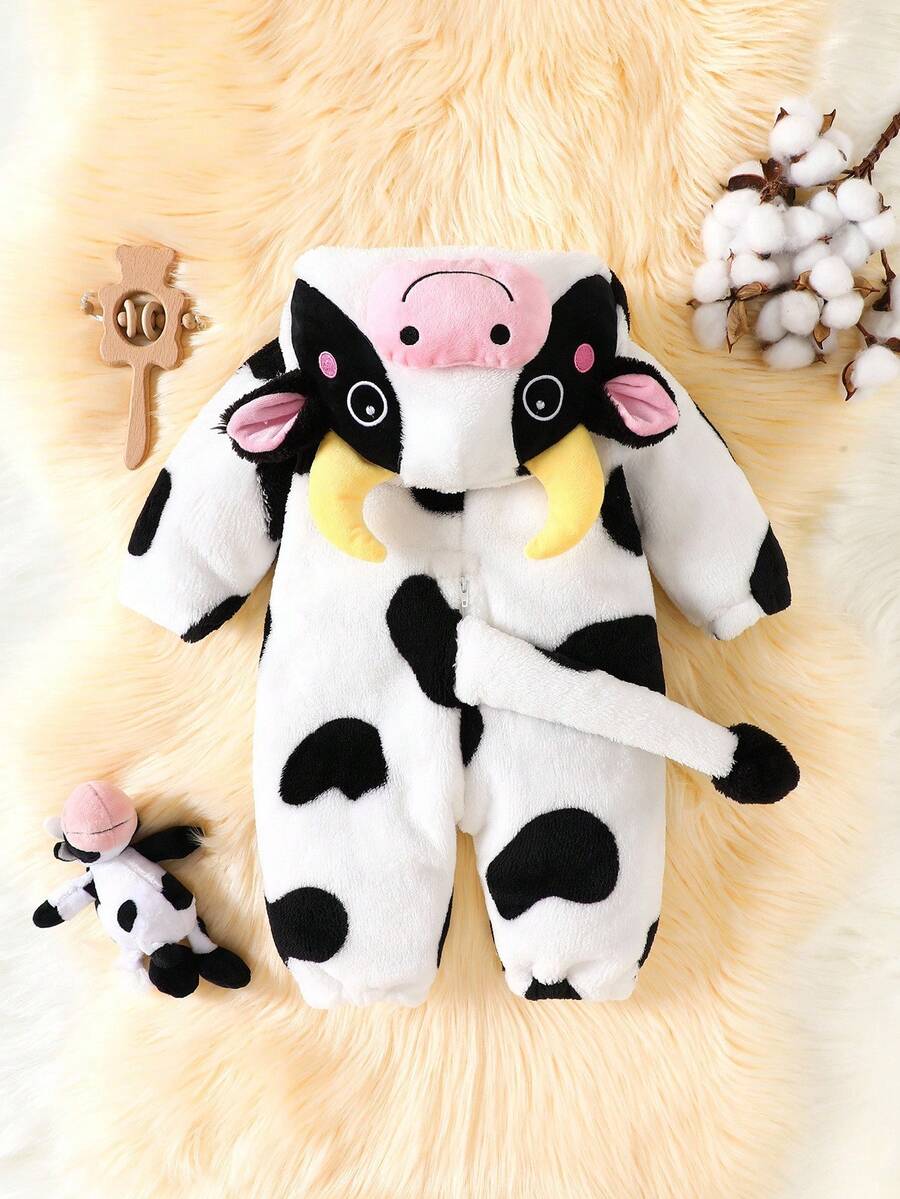 Cow Theme Plush Jumpsuit with 3D Embroidered Hat for Cute Winter Wear