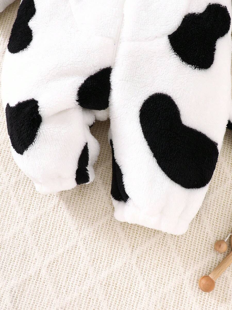 Cow Theme Plush Jumpsuit with 3D Embroidered Hat for Cute Winter Wear