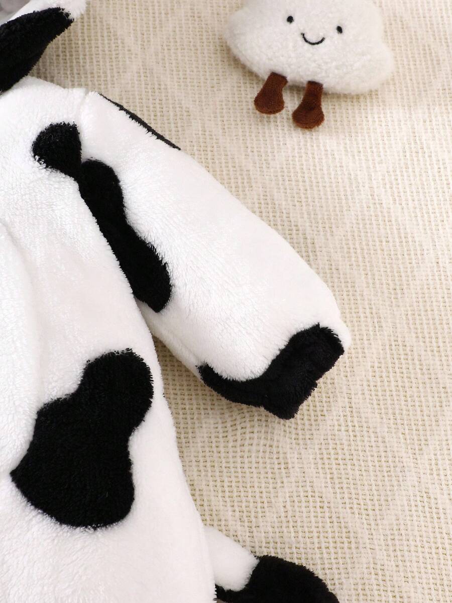 Cow Theme Plush Jumpsuit with 3D Embroidered Hat for Cute Winter Wear