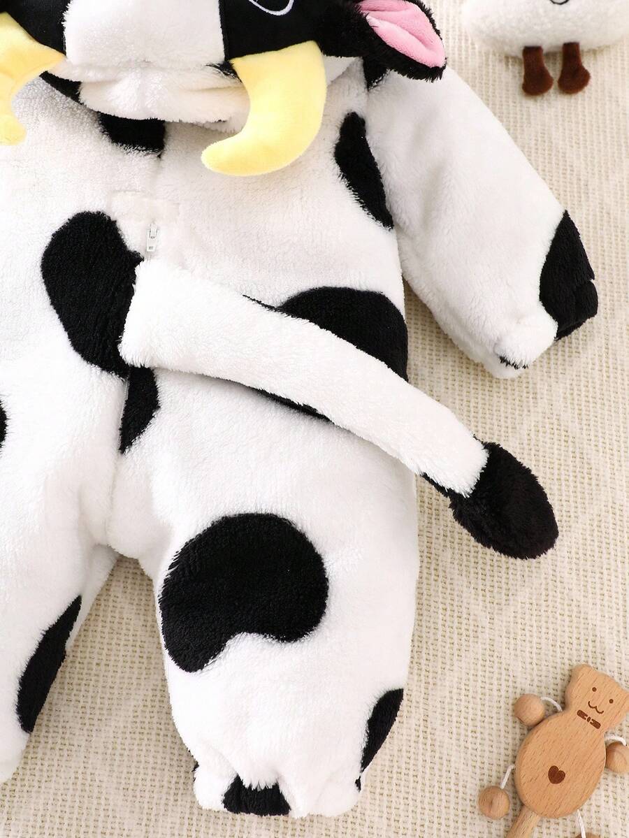 Cow Theme Plush Jumpsuit with 3D Embroidered Hat for Cute Winter Wear