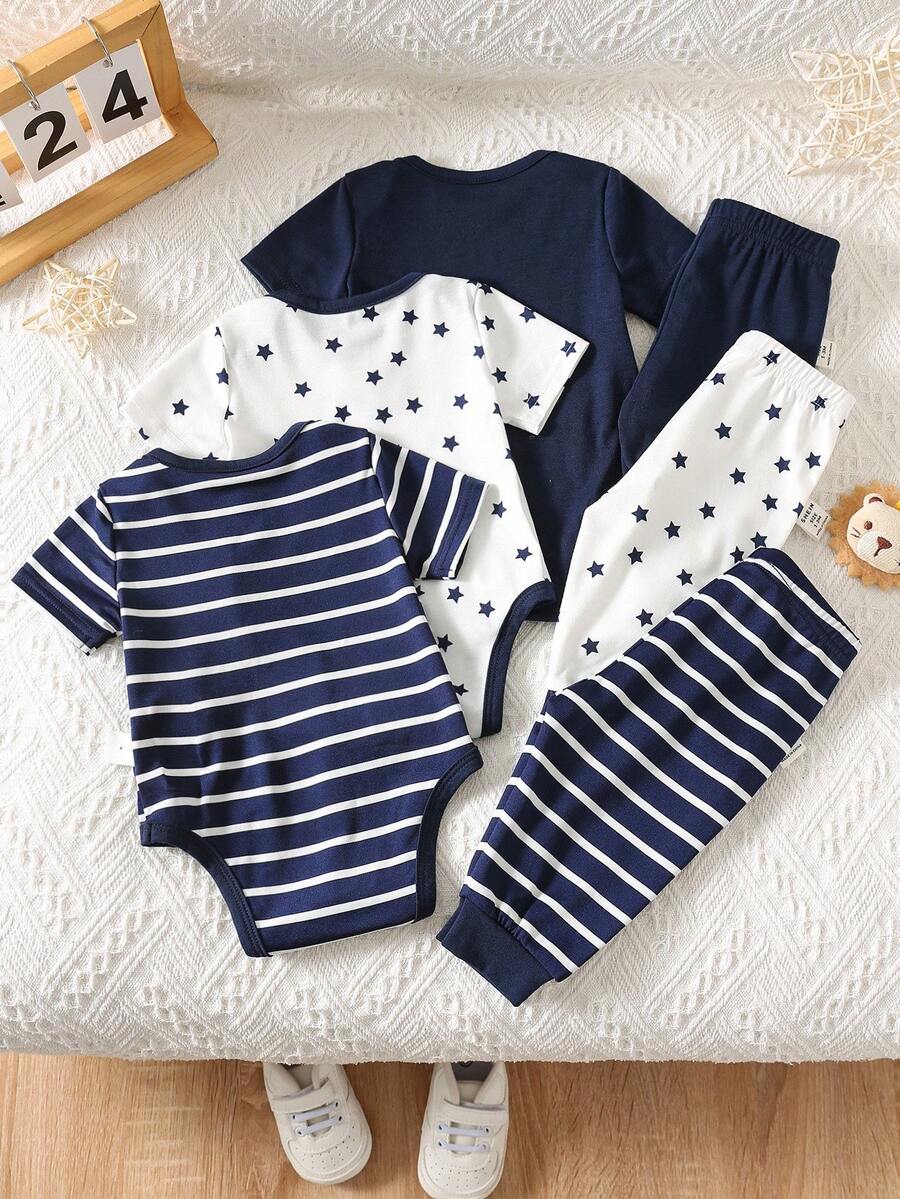 6pcs Baby Romper and Pants Set with Colorblock Stripes and Star Pattern for Spring and Summer