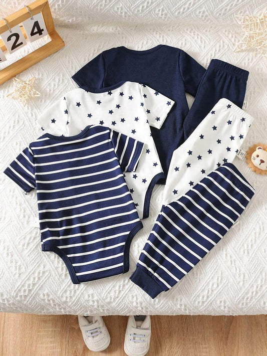 6pcs Baby Romper and Pants Set with Colorblock Stripes and Star Pattern for Spring and Summer