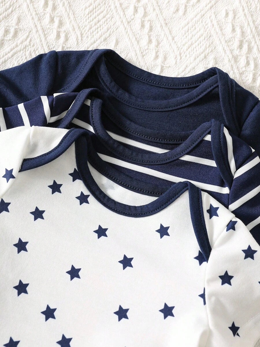 6pcs Baby Romper and Pants Set with Colorblock Stripes and Star Pattern for Spring and Summer
