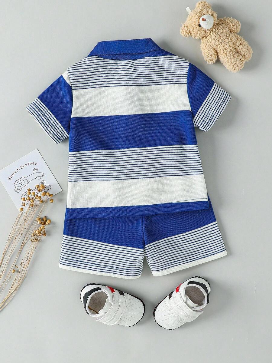 Infant Boys Casual Striped Short Sleeve Polo and Shorts Set with Bear Embroidery