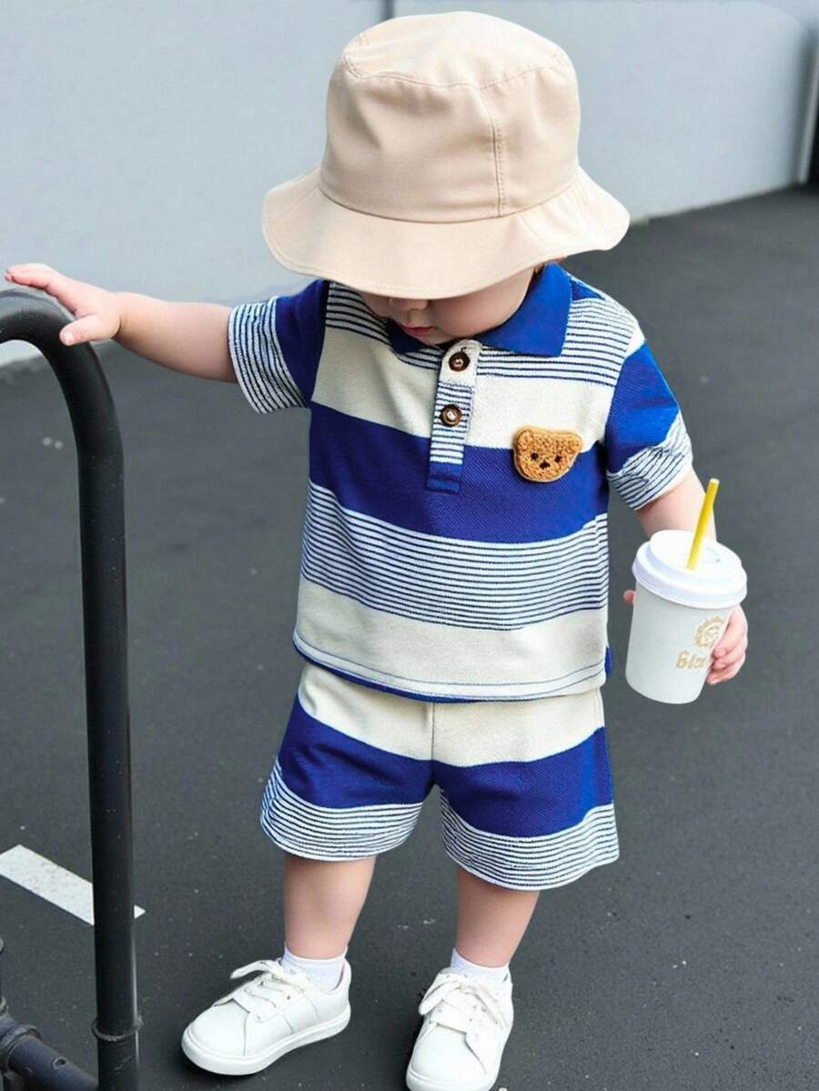 Infant Boys Casual Striped Short Sleeve Polo and Shorts Set with Bear Embroidery
