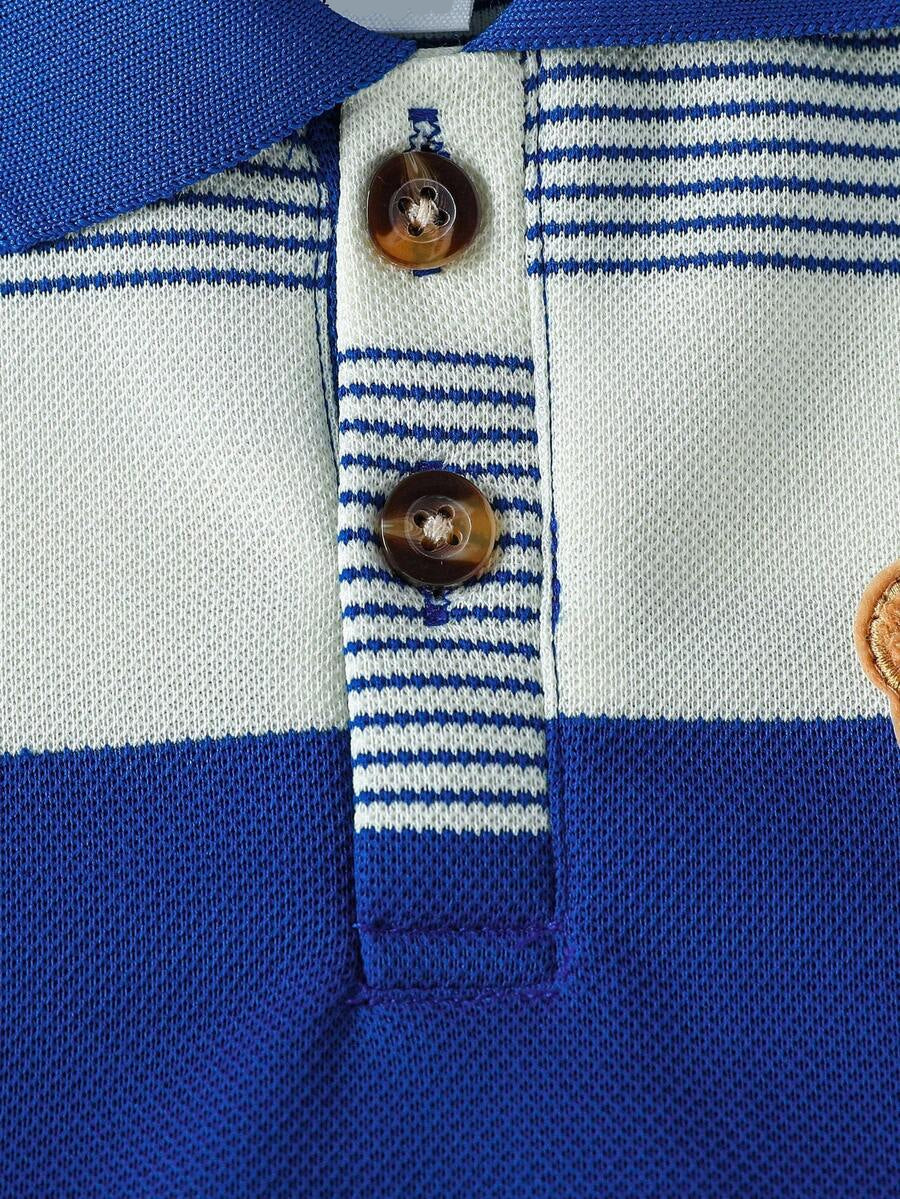 Infant Boys Casual Striped Short Sleeve Polo and Shorts Set with Bear Embroidery