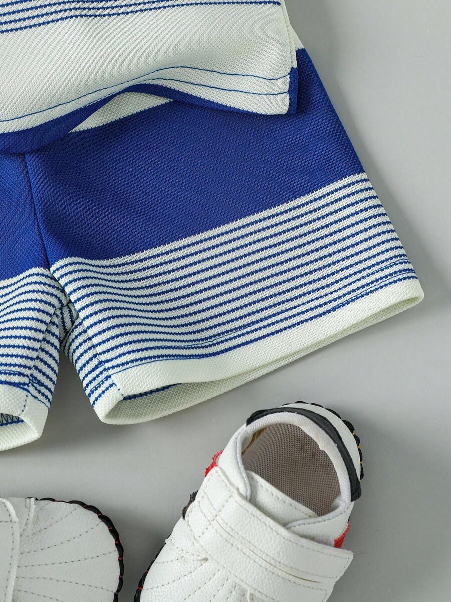 Infant Boys Casual Striped Short Sleeve Polo and Shorts Set with Bear Embroidery