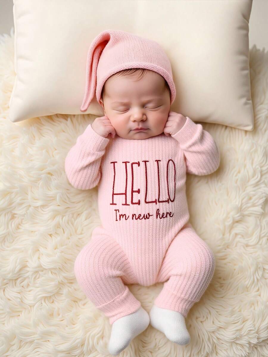 Infant Photo Studio Shooting Props - "HELLO" Embroidered Jumpsuit & Matching Hat