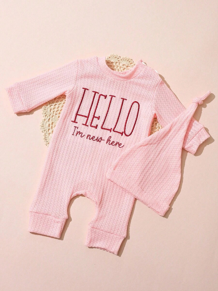 Infant Photo Studio Shooting Props - "HELLO" Embroidered Jumpsuit & Matching Hat